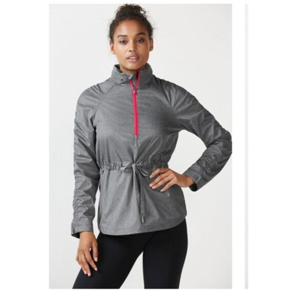Fabletics Gray Ruched Long Sleeve Jacket Pink Zipper Drawstring Womens size larg - Picture 1 of 16